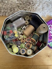 Large Vintage Quality Street Tin Filled With Vintage Cotton Reels Bobbins Spools