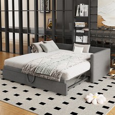 Daybed Linen Upholstered Bed 3ft Single Bed Frame with Trundle Bed Guest Bed