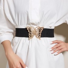 Women Design Alloy Butterfly Buckle Wide Elastic Cinching Coat Dress Waist Belt