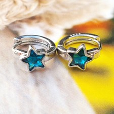 Shiny Pair 925 Sterling Silver Blue Star CZ Hoop Huggie Earrings Women Girl Gift