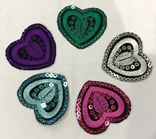 5 x LARGE Sequinned Applique Patch Embellishments: HEART (sew-on or iron on)