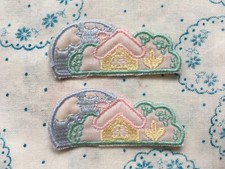 Two sew on vintage fabric applique, motif, patch - house, cottage, home, garden