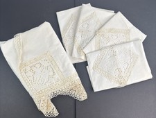 Antique Linen Bedspread Cover w/4 Pillowcases Lace Cherub Trim Handmade 103"x92"