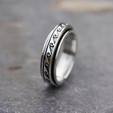 Mens Womens 925 Sterling Silver Wave Spinning Worry Band Ring 6mm Wide Thumb