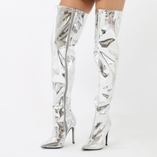 BNWOB 3 36 SILVER METALLIC MIRROR FOIL OVER THE KNEE OTK THIGH VINYL  PVC BOOTS