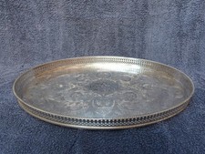 VINTAGE SILVER ON COPPER TRAY SHEFFIELD PLATE SERVING TRAY GALLERIED OVAL (A)