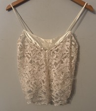 CHARNOS Vintage Ivory White Lace & Satin Sexy Sheer Cami Vest Slip Top. Size 12 