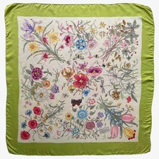 Vintage 90s Gucci Accornero Floral & Insect Print Green Silk Scarf, Shawl Retro