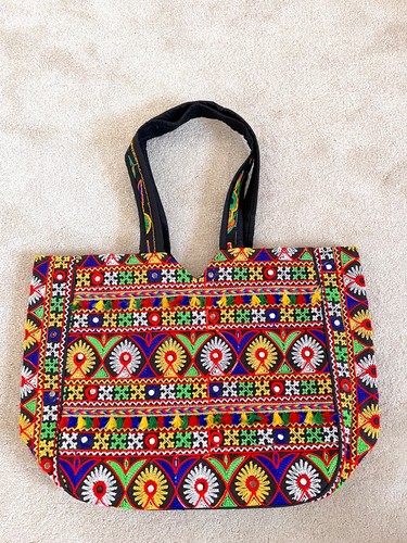 Vibrant embroidered boho - embroidered, tote