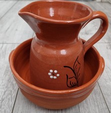 Mediterranean Style Terracotta Glazed Jug And Semi-glazed Bowl Set