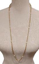 34" 86cms Necklace Small Faux Pearl Beads  Gold Tone Chain Costume Jewellery VGC