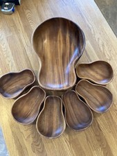 Unusual Wood Wooden Avocado Pear ? Carved Salad Bowl Set For 6 Retro Vintage