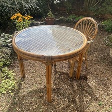 Vintage Dining Table Bamboo Bent Cane Round Glass Tabletop & 2 Chairs Needs TLC