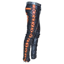 Genuine Leather Pants Mens Black Orange Lace Up Contrast Biker Rocker Steampunk