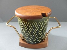VINTAGE RETRO MID CENTURY NELSON WARE  POTTERY JAM POT ON WOOD BASE [25]