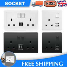 Double Wall Plug Socket 2 Gang 13A w/ 2 Charger USB Ports Outlets Flat Plate UK