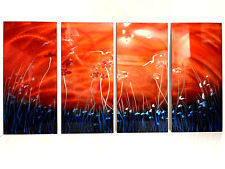 Etched Metal Wall Art 4 Panels Silver Red Blue Flowers Quadriptych Home Decor