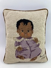 Infant Baby in Purple Outfit Needlepoint w/ Petit Point Details Pillow Vintage