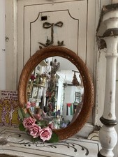 Vintage wicker wall mirror with flower wreath 32x28cm
