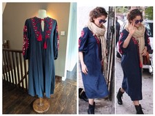 Zara Navy Blue Red Boho Embroidered Midi Dress Tassels Cotton Linen, Medium