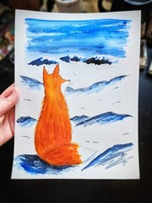 Fox in Snow Watercolour Painting 9x12 Inches, White Winter Woodland Animal Art