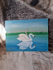 16"×12" Swan & Cygnet  Swimming Canvas Painting By A Blatchford