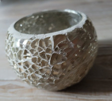 Mozaic Crackle Glass Tea Light Holder, Cream/Gold, H7cm x W10cm