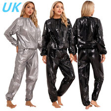 UK Women Shiny 2Pcs Sweat Suit Sauna Suit Tops and Trousers Outfits Tracksuit