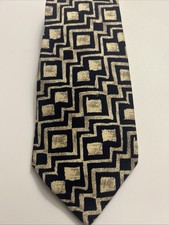 Vintage Men’s Retro Cecil Gee 100% Silk Tie Beige Black Geometric Design