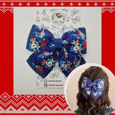 Dark Blue Floral & Robin Hair Bow Clip – Festive All Ages