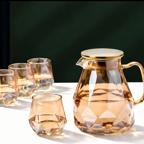 Amber glass pitcher set 3pcs - amber,