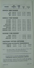 Simca Dodge Original UK Price List 1976 1000 1100