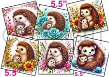 6 XL Card Toppers 5.5" MOTHERS DAY CUTE HEDGEHOGS MUM+BABY Card Making/Tags FLAT