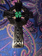 Gold Celtic Cross Pendant & Green Shamrock Titanium Steel Necklace In Gift Box