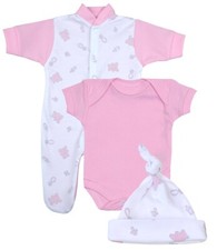 Babyprem Premature Baby Clothes 3 Piece Sleepsuit Bodysuit & Hat Set Pink Teddy
