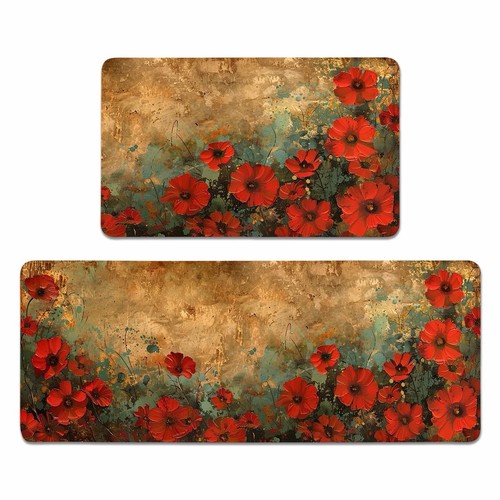 Red poppy flowers kitchen rugs - red,