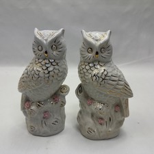 Unbranded Pair Owl Figurines White Ceramic Gold Gilt Detailing