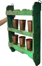 VINTAGE INDIAN SHELVING UNIT ART DECO DETAILING DISTRESSED VIBRANT JADE TEAK