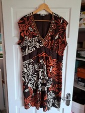 JOANNA HOPE Brown Orange Cream V Neck Beaded 100% Cotton Dress Size 20