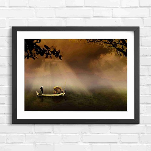 Foggy lake boat with - lake, fisher
