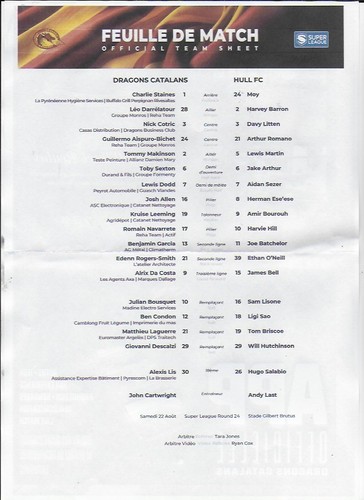 Team sheet catalans dragons v - dragons,