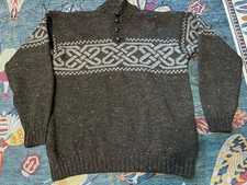 Carraig Donn 100% Wool Fishermans Pullover Celtic Knot Aran Sweater Gray XL