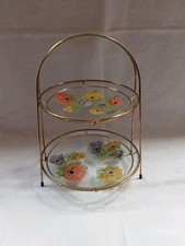 Vintage Chance Glass Two Tiered Cake/Plate Stand - Gold tone Metal Frame