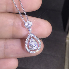 925 Sterling Silver Women Cubic Zirconia Crystal Water Drop Pendant Necklace