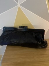 Ladies Vintage 1980s Black Leather Clutch Bag Lined Perspex Clasp Detail