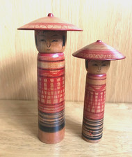 Japanese Kokeshi doll x2, Tsuchiyu, hat, both rattle, wooden, signed, H16-13cm