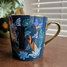 Fox And Ivy Alphabet Mug "K" Blue And Gold Butterfly Floral Pattern