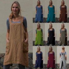 PLUS SIZE Baking Fixed Cross Back WOMEN Pocket Pinafore Apron Linen Cotton DRESS