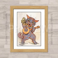 Louis Wain print: Cat with a Lute. A4 Textured canvas paper. Framed or Unframed.