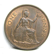 1937 One Penny Coin George VI British -  Very Good Grade #215
